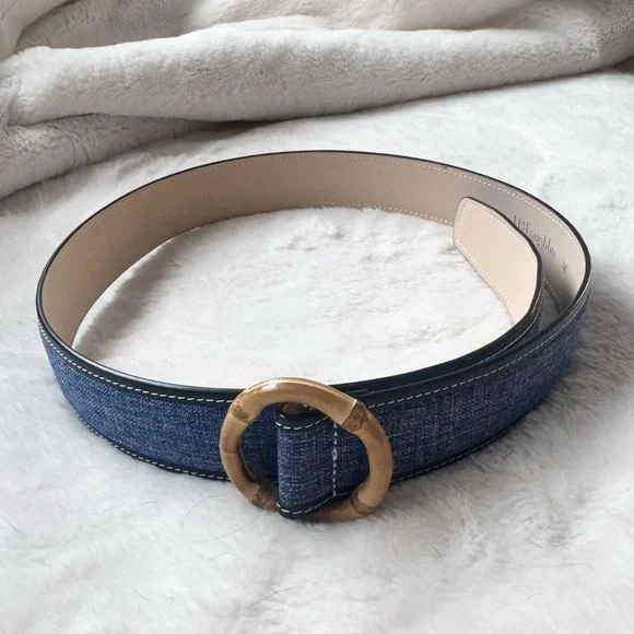 J. McLaughlin Dixie Linen Woven Belt Denim Blue with Bamboo Buckle - Picture 2 of 6